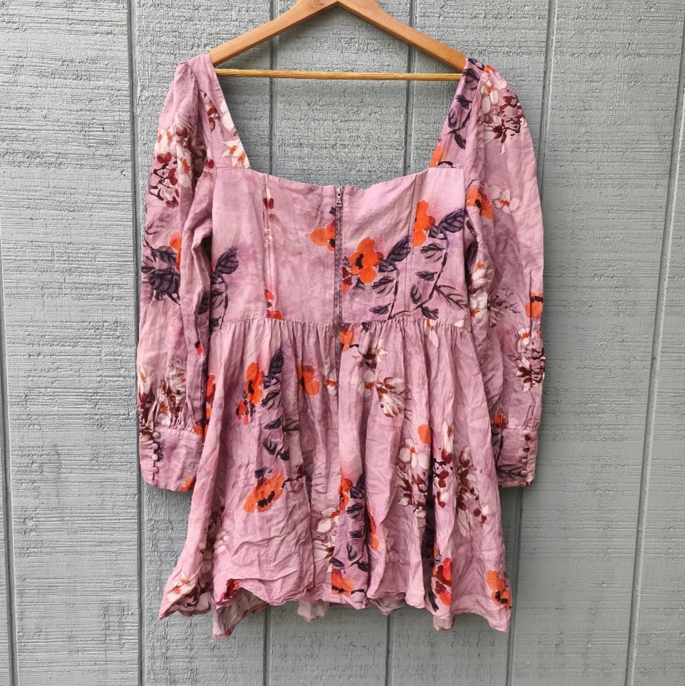 RARE Bardot Lila Linen Corset Puff Sleeve Floral Mini Dress sz 12 Mauve Milkmaid - Picture 9 of 16